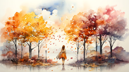Watercolor illustration seasons, abstract forest landscape, wide banner, background. AI generated.の素材