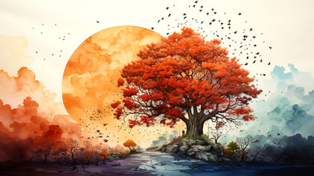 Watercolor illustration seasons, abstract forest landscape, wide banner, background. AI generated.の素材