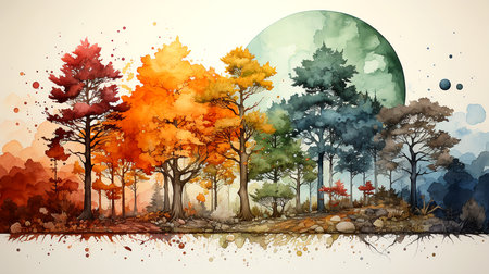 Watercolor illustration seasons, abstract forest landscape, wide banner, background. AI generated.の素材