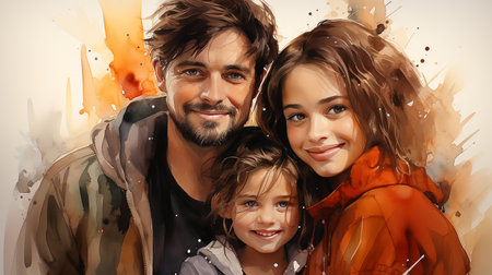 Group family portrait with children, bright watercolor paints, illustration of family relationships. Created with AI.の素材