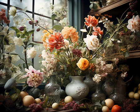 Beautiful bright floral pattern home decor living room banner illustration presentation. Created with AI.の素材