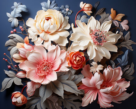 Beautiful bright floral design decor pattern on porcelain tiles, banner illustration, presentation. Created with AI.の素材