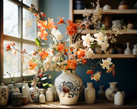 Beautiful bright floral pattern home decor living room banner illustration presentation. Created with AI.の素材