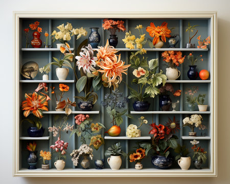 Beautiful bright floral pattern home decor living room banner illustration presentation. Created with AI.の素材