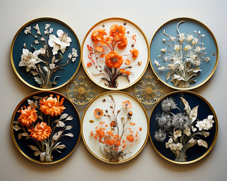 Beautiful bright floral design decor pattern on porcelain tiles, banner illustration, presentation. Created with AI.の素材