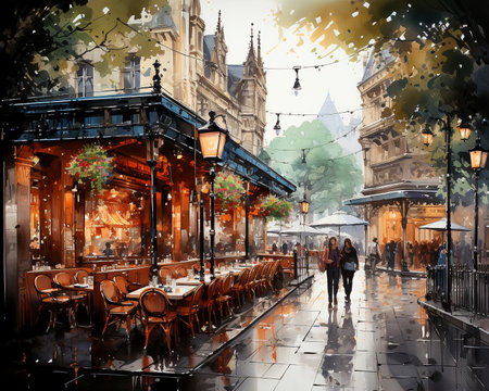 Abstract romantic picture of a city landscape in the style of postmodernism. Generated by AI.の素材