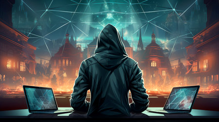 Abstract painting, illustration of a hacker programmer in a hoodie working on the darknet. Generated by AI.の素材