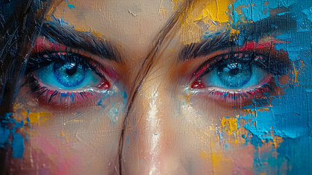 Psychedelic female portrait with paints on her face, illustration for banner, presentation. Generated by AI.の素材
