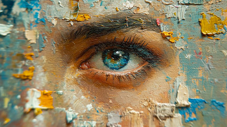 Psychedelic female portrait with paints on her face, illustration for banner, presentation. Generated by AI.の素材