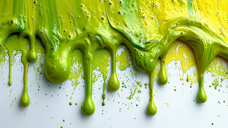 Green paint forms drips on a white background, illustration for a banner, presentation. Generated by AI.の素材