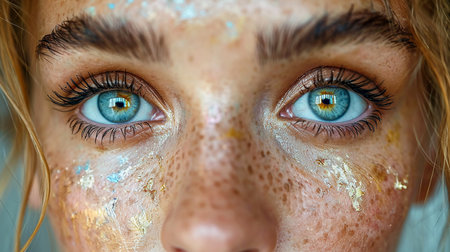 Psychedelic female portrait with paints on her face, illustration for banner, presentation. Generated by AI.の素材