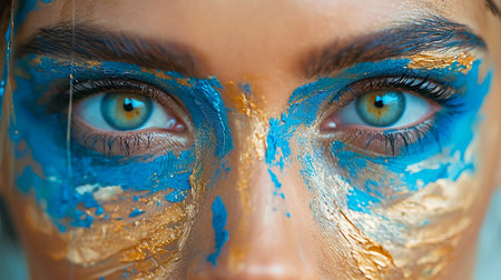 Psychedelic female portrait with paints on her face, illustration for banner, presentation. Generated by AI.の素材