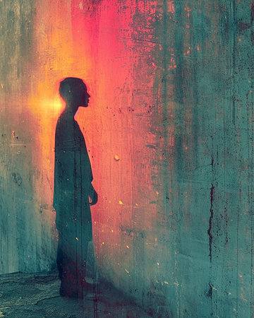 Psychedelic background with a textured wall, light and shadow patterns and a silhouette of a person, illustration for presentation, website design. Generated by AI.の素材