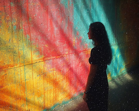 Psychedelic background with a textured wall, light and shadow patterns and a silhouette of a person, illustration for presentation, website design. Generated by AI.の素材