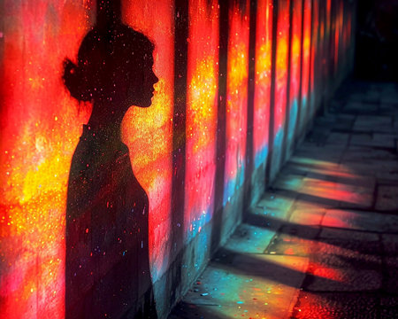 Psychedelic background with a textured wall, light and shadow patterns and a silhouette of a person, illustration for presentation, website design. Generated by AI.の素材