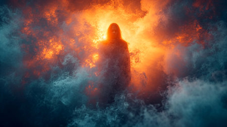 Psychedelic background with a silhouette of a man and light and shadow patterns, illustration for presentation, website design. Generated by AI.の素材