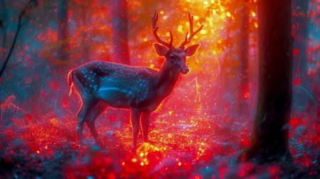 Artistic portrait of a deer in the forest, illustration for presentation, website design. Generated by AI.の素材