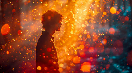 Psychedelic background with a textured wall, light and shadow patterns and a silhouette of a person, illustration for presentation, website design. Generated by AI.の素材