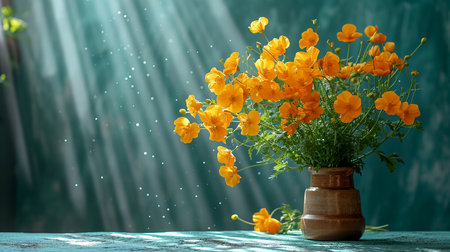 Beautiful bright still life with yellow flowers, illustration for presentation, website design. Generated by AI.の素材