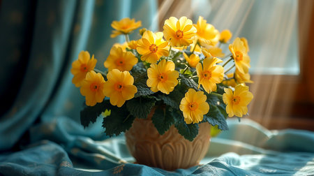 Beautiful bright still life with yellow flowers, illustration for presentation, website design. Generated by AI.の素材