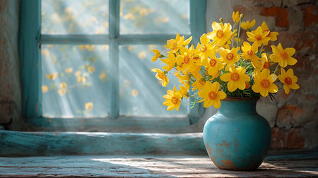 Beautiful bright still life with yellow flowers, illustration for presentation, website design. Generated by AI.の素材