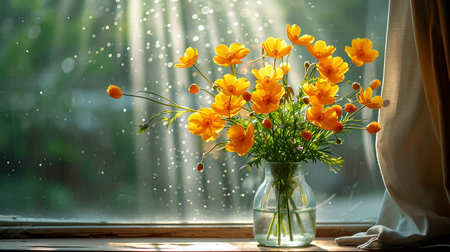 Beautiful bright still life with yellow flowers, illustration for presentation, website design. Generated by AI.の素材