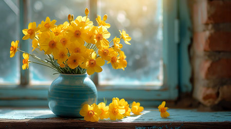 Beautiful bright still life with yellow flowers, illustration for presentation, website design. Generated by AI.の素材