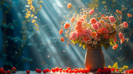Beautiful bright still life with multi-colored flowers and berries, illustration for presentation, website design. Generated by AI.の素材