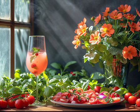 Still life with vegetables and flowers on the table, vegetable veggie food illustration. AI generated.の素材