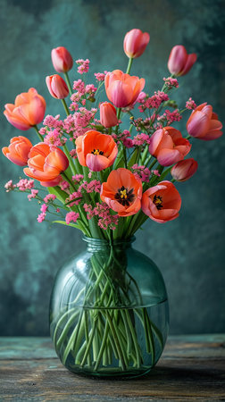 Still life with a bouquet of flowers in a vase, space for text, happy birthday card. AI generated.の素材