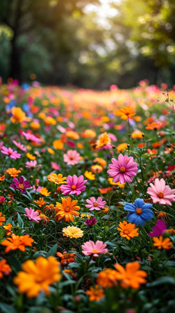 Lawn with bright summer flowers, place for text, happy birthday card. AI generated.の素材