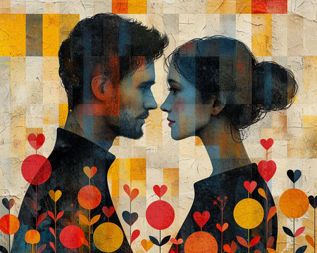 Modern illustration of a loving couple close-up picture on the theme of Valentine's Day, presentation of the relationship between people. Generated by AI.の素材