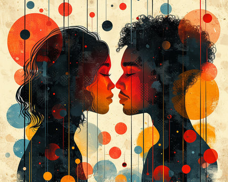 Modern illustration of a loving couple close-up picture on the theme of Valentine's Day, presentation of the relationship between people. Generated by AI.の素材