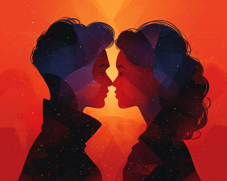 Modern illustration of a loving couple close-up picture on the theme of Valentine's Day, presentation of the relationship between people. Generated by AI.の素材