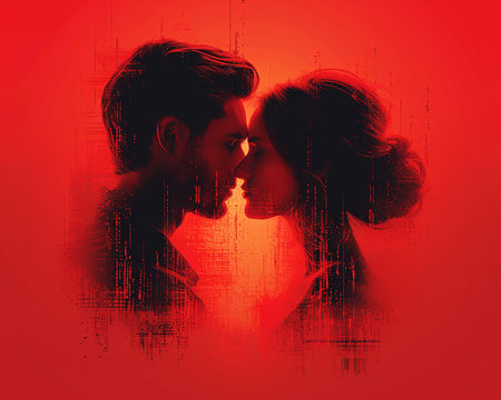 Modern illustration of a loving couple close-up picture on the theme of Valentine's Day, presentation of the relationship between people. Generated by AI.の素材
