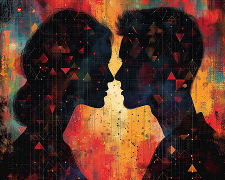 Modern illustration of a loving couple close-up picture on the theme of Valentine's Day, presentation of the relationship between people. Generated by AI.の素材