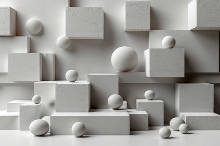 Conceptual illustration of a light interior design with voluminous decorative textured objects. AI generated.の素材