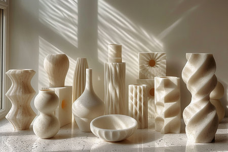 Conceptual illustration of a light interior design with voluminous decorative textured objects. AI generated.の素材