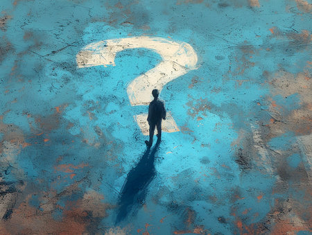 3d illustration of a question mark and an animated puppet image of a man who has an unanswered question, banner design, presentation. AI generated.の素材