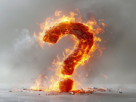 Fiery burning question mark on a light background. Problems of warming, fires, eruptions, design element for banners, presentations. AI generated.の素材