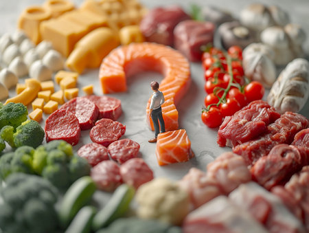 Question mark among food products, concept of choosing products for consumption, banner design, presentation. AI generated.の素材