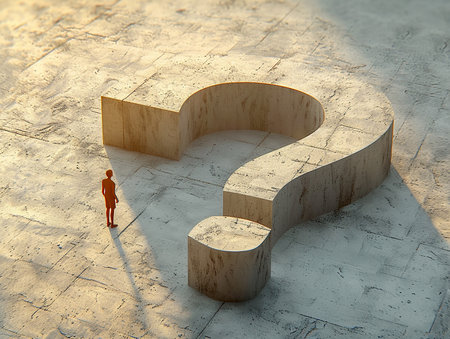 3d illustration of a question mark and an animated puppet image of a man who has an unanswered question, banner design, presentation. AI generated.の素材