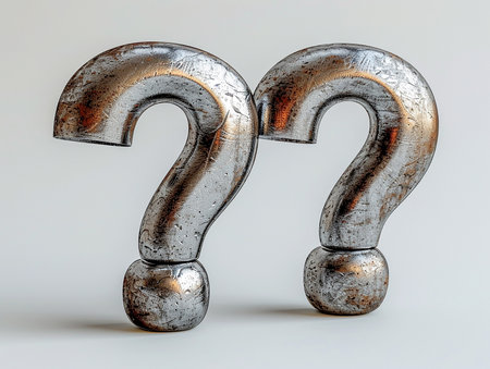Textured metal 3D question mark on a light background. Problems and issues of society, design element for banners, presentations. AI generated.の素材