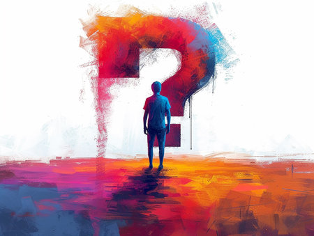 3d illustration of a question mark and an animated puppet image of a man who has an unanswered question, banner design, presentation. AI generated.の素材