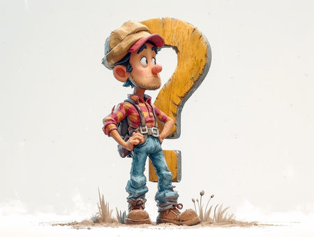 3d illustration of a question mark and an animated puppet image of a man who has an unanswered question, banner design, presentation. AI generated.の素材