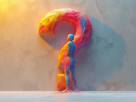 3d illustration of a question mark and an animated puppet image of a man who has an unanswered question, banner design, presentation. AI generated.の素材