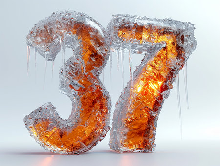 Icy frozen number 37 on a light background. Problems of glaciation, cold snaps, design element for banners, presentations. AI generated.の素材