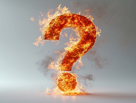 Fiery burning question mark on a light background. Problems of warming, fires, eruptions, design element for banners, presentations. AI generated.の素材