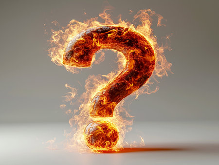 Fiery burning question mark on a light background. Problems of warming, fires, eruptions, design element for banners, presentations. AI generated.の素材