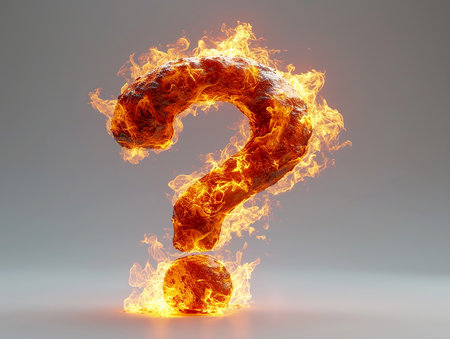 Fiery burning question mark on a light background. Problems of warming, fires, eruptions, design element for banners, presentations. AI generated.の素材